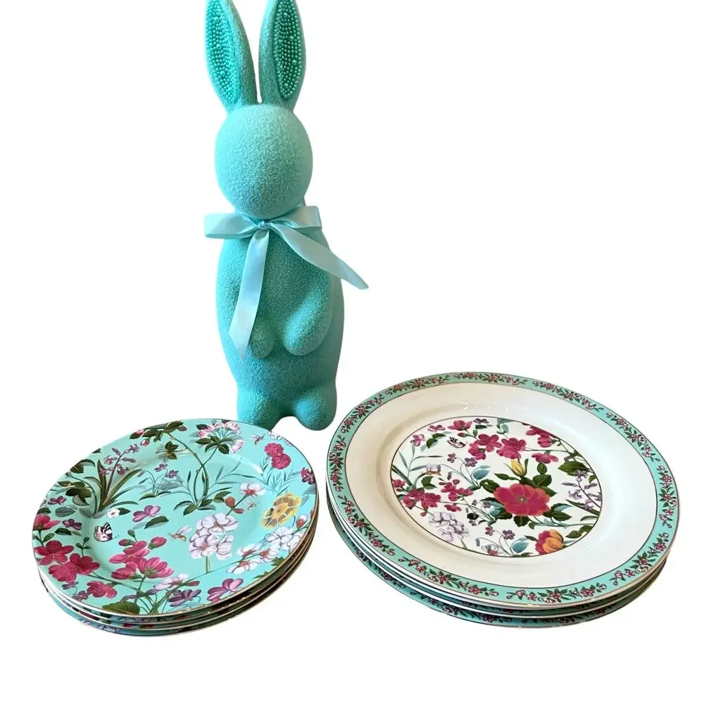 NEW Grace Teaware Fine Porcelain 11in Dinner Plates Aqua Blue Floral Set of 4